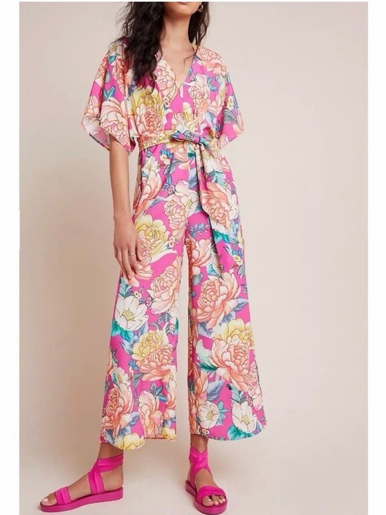 FARM Rio Pants - Anthropologie FARM Rio Eulalie Floral Wide Leg Jumpsuit, Peony Print, V-Neck
